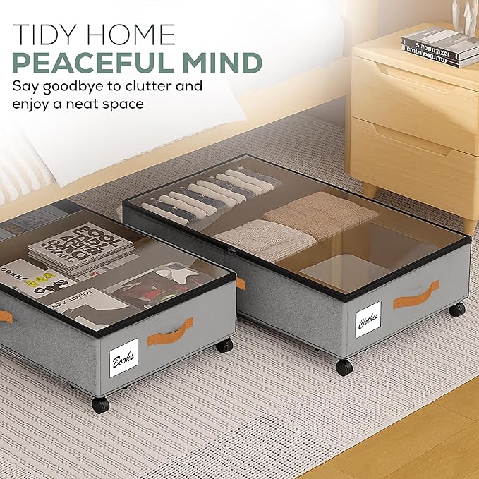 Under Bed Storage with Wheels, 2 Pack (36L Each)| Low Profile Storage Organizer with Clear Window, Double Zipper & 360° Locking Wheels – Rolling Metal Drawer for Clothes, Shoes, & More (Gray)