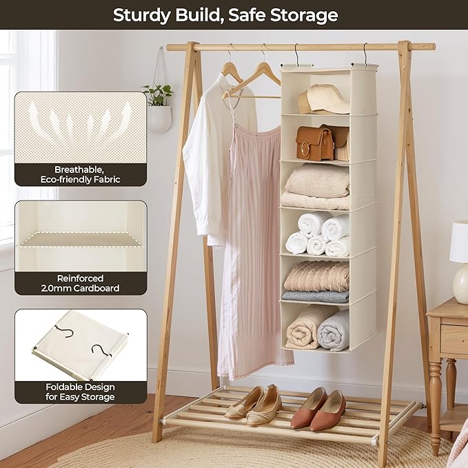 SAYS 6 Shelf Hanging Closet Organizers and Storage, Beige
