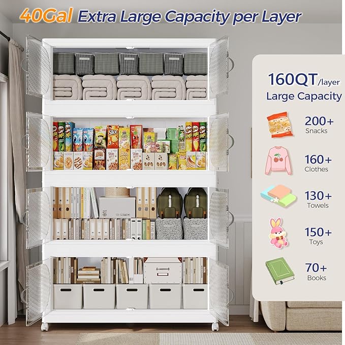 160Gal/640QT 4-Tiers Extra Large Stackable Storage Bins with Lid, Collapsible Cabinet Closet Organizer Plastic Container Box with Wheels Doors Drawers for Office Dorm Kitchen, White