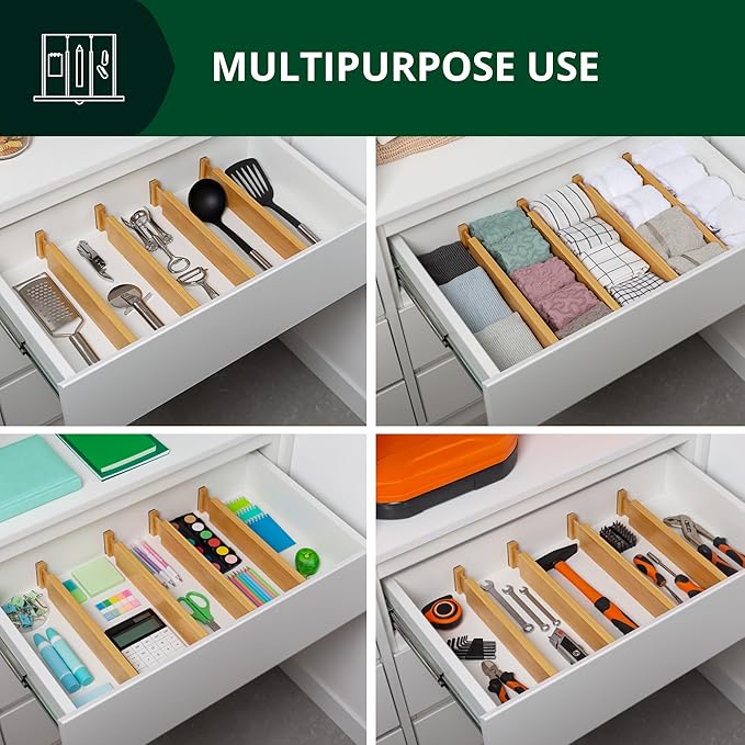 Bamboo Drawer Dividers Organizers, Adjustable Drawer Separator Splitters