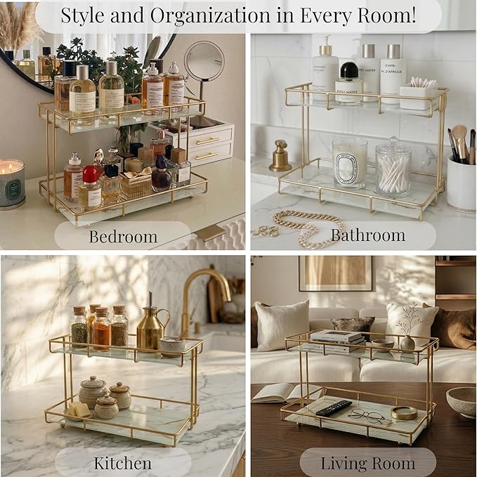 2-Tier White Marble Bathroom Countertop Organizer – Glass Shelves & Gold Metal Frame, Elegant Vanity Storage Shelf for Perfume, Skincare, Makeup & Toiletries