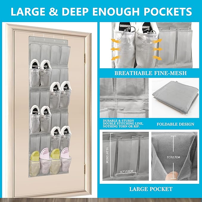 Over The Door Shoe Organizers with 24 Mesh Pockets Shoe Organizer Storage, Grey
