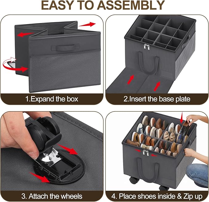 Large Shoe Organizer for Closet, Adjustable Dividers Shoe Storage Box Bins with Wheels Clear Cover Reinforced Handle Side Pocket Fits up to 16 Pairs, Foldable Shoe Organizer for Entryway Grey