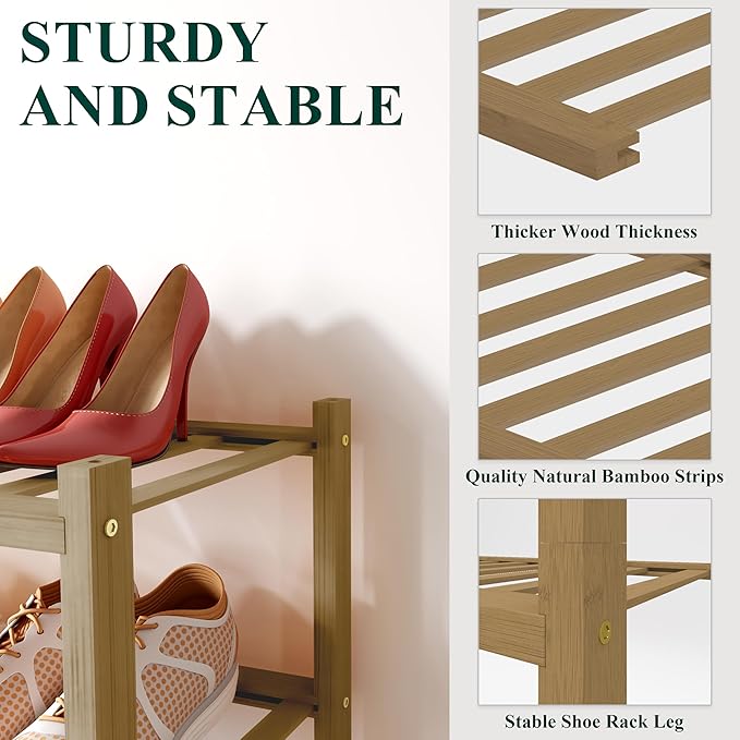 Smiry Bamboo Shoe Rack for Closet, 2 Tier Wooden Shoe Organizer, Stackable Wood Shoe Storage Shelf for Entryway, 14 Vertical Slats, One-piece Heavy-Duty Legs, 26.77"x11.02"x12.99", Walnut