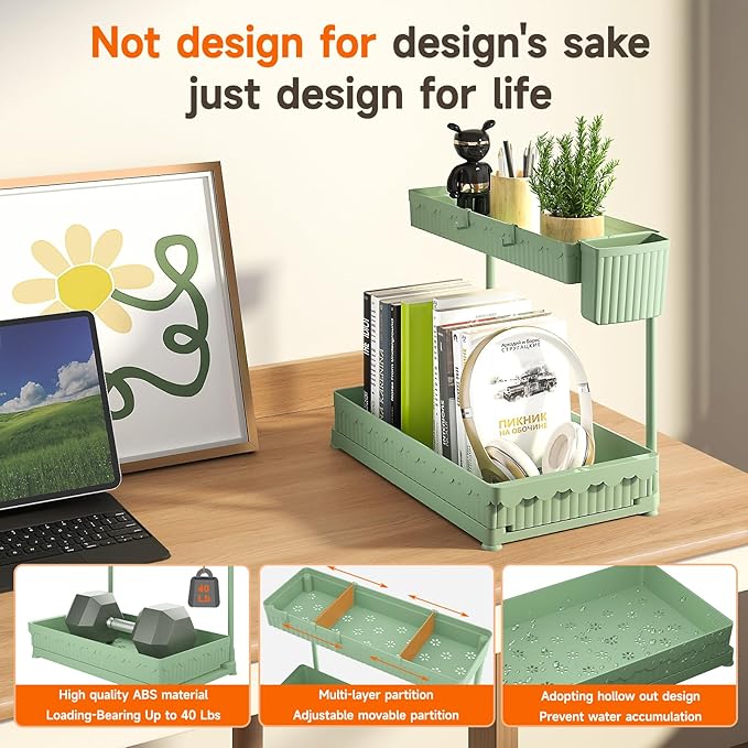 Sevenblue 3 Pack Multi-Purpose Pull-Out Storage Organizers, 2-Tier L-Shaped Under Sink/Cabinet Organizers and Storage for Bathroom & Kitchen,Green,12.85 Inch