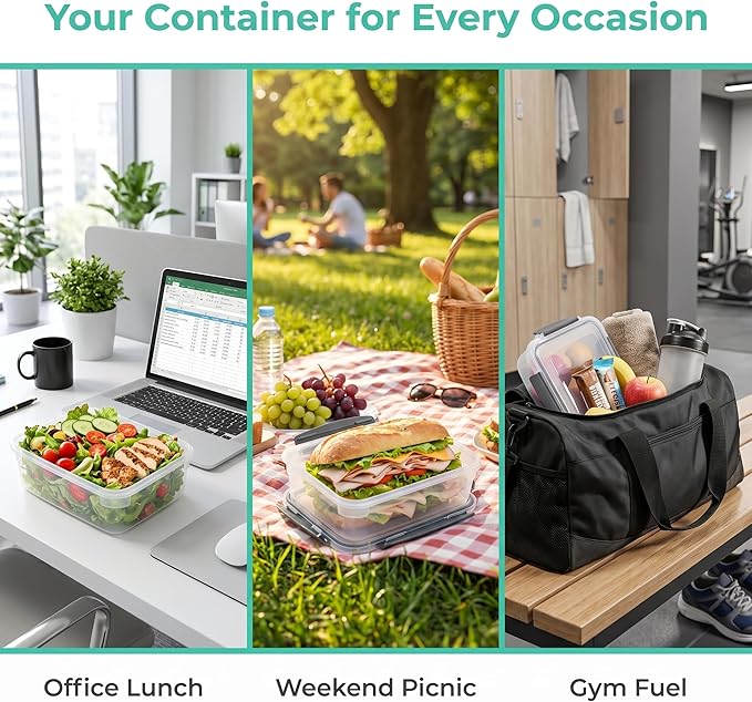 YORY 9 cup Plastic Food Storage Containers with Lids Nestable Freezer Dishwasher Safe Rectangle Meal Prep Container Set,5-Pack