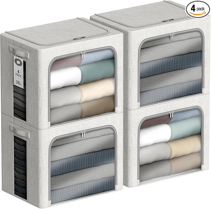 4 Pack Clothes Storage Bins with Metal Frame - 36L Stackable Storage Box with Lid，Foldable Storage Container Organizer for Clothes，Linen Fabric Storage Box with Clear Window＆Zippers＆Handles