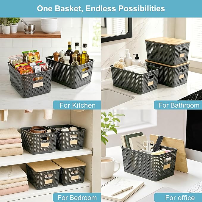 2 Pack Tall Plastic Storage Bins with Bamboo Lids, Gray