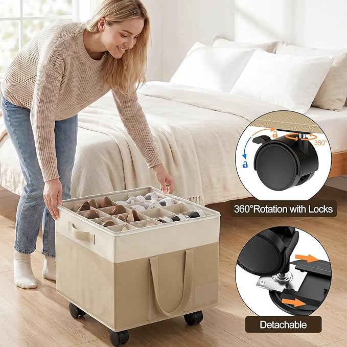 2 Pack Large Shoe Organizer for Closet, Adjustable Dividers Shoe Storage Box Bins with Wheels Clear Cover Reinforced Handle Side Pocket Fits up to 32 Pairs, Foldable Shoe Organizer for Entryway Beige