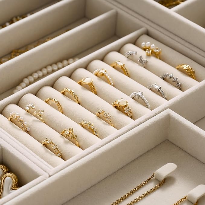 Velvet Jewelry Drawer Organizer Trays – Large Beige Stackable Jewelry Storage Inserts Set, 4-Layer Jewelry Tray Set for Earrings, Rings, Necklaces, Bracelets with Removable Dividers for Dresser,Vanity