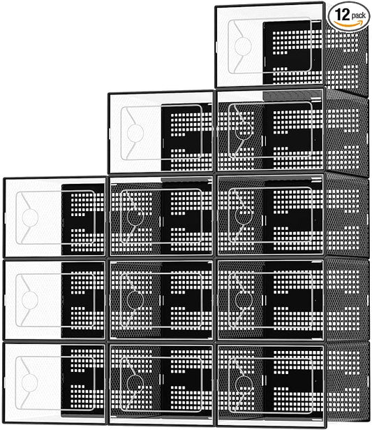 Shoe Storage Boxes, 12-Pack Clear Stackable Shoe Organizers with Lids, Black