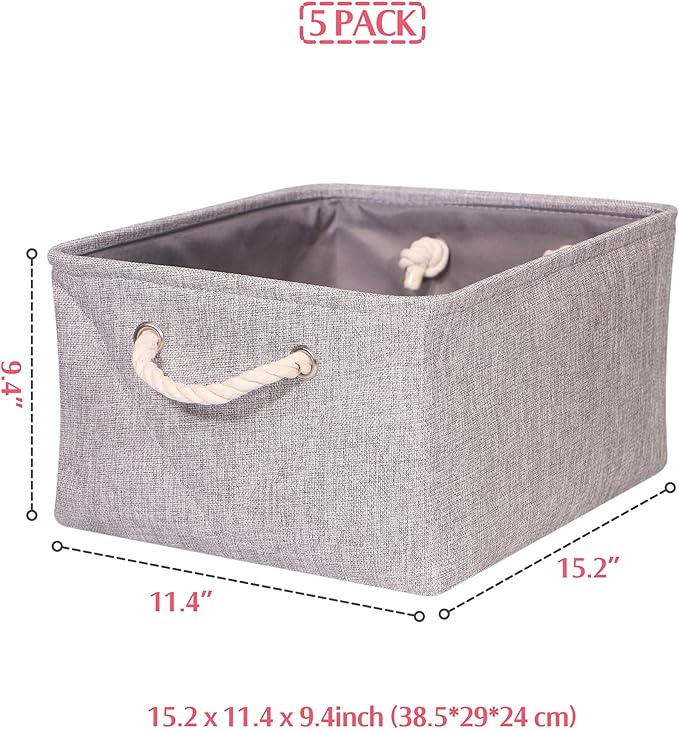 TENABORT 5 Pack Large Storage Basket Bin, Foldable Storage Cube Box Canvas Fabric Collapsible Organizer with Handles for Closet Home Office Clothes Shelf, Grey