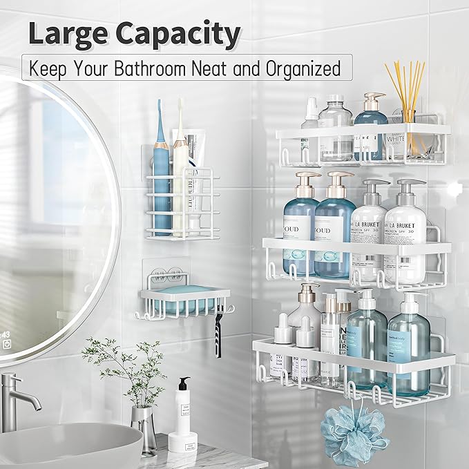 Liuoud 5 Pack Shower Caddy Organizer Rack Shelf for Inside Shower, Self Adhesive Wall Storage Basket Rustproof Stainless Steel Shampoo Holder Bathroom Accessory Decor Set, White