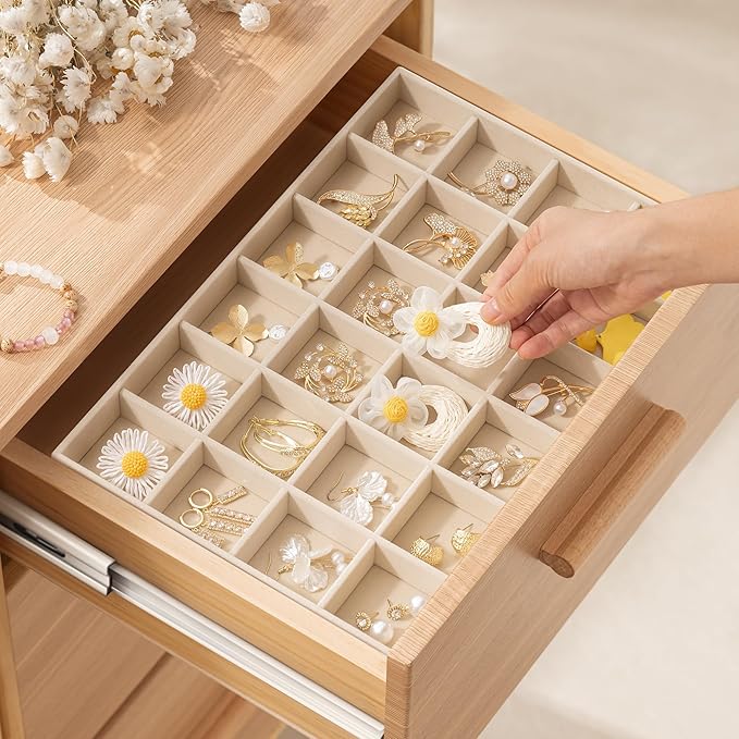 pickpiff Drawer Jewelry Organizer & Display Trays: 2pcs 24grid Velvet Stackable Jewelry Case (13.8x9.4x1.2inch) - Soft Beige Ring Storage Bracelet Holder Earring Box