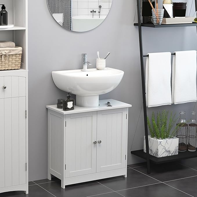 HOMCOM Under Sink Bathroom Cabinet, Pedestal Sink Storage Cabinet with 2 Doors, Shelf and U-Shape, White