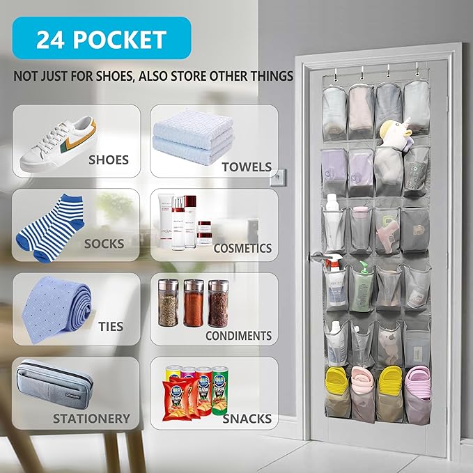 Over The Door Shoe Organizers with 24 Mesh Pockets Shoe Organizer Storage, Grey