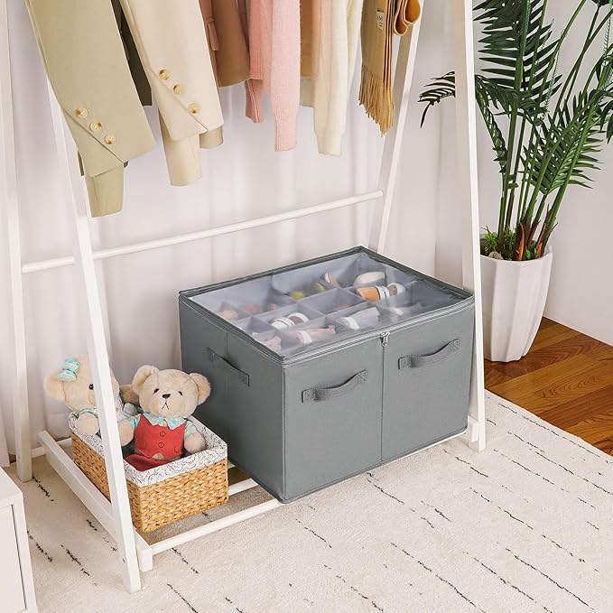 TOPIA HOME Shoe Organizer for Closet, Foldable Shoe Box with Adjustable Dividers and Clear Cover, Space Saving Shoe Storage Organizer Cabinet with Reinforced Handles, Fits 16 Pairs, Gray, TP09G