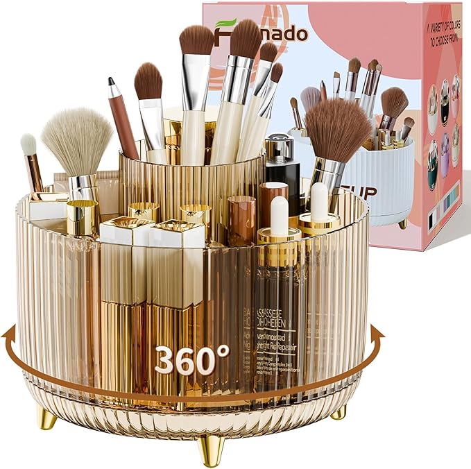 Fanado 360° Rotate Makeup Brush Holder Organizer, Clear Amber