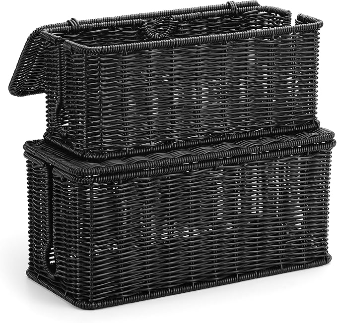 Large Cable Management Box, Handwoven Imitation Rattan Cord Organizer Cord Hider Box, Desk Cord Management Box to Hide Cords and Power Strips, 13.5" L x 6.2" W x 6" H, 1Pack Black