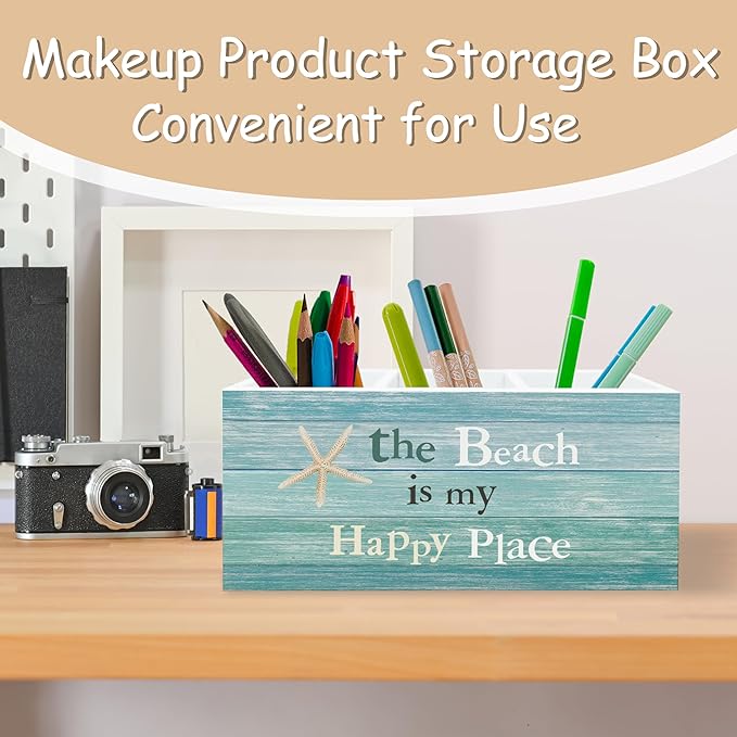 Beach Pen Holder for Home Office Kitchen Desk Decor, the Beach Is My Happy Place Wooden Pencil Holder Sign Organizer for Home Office Desk Accessories, Coastal Gifts for Women Men