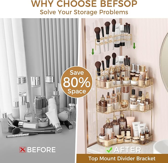 BEFSOP Corner Bathroom Counter Organizer, Upgraded 3-Tier Makeup Organizer Countertop with Makeup Brush Holder, Skincare Exquisite Vanity Organizers Countertop Bathroom Storage Dresser(GOLD)