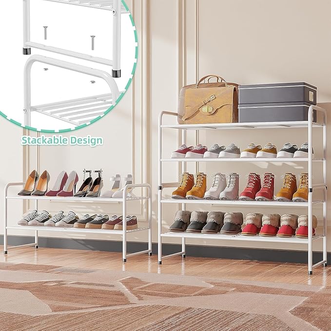 SUFAUY 2 Pack 2-Tier 33" Wide Shoe Rack, Shoe Shelf Storage Organizer for Entryway, Extra Large Capacity, Bedroom Footwear Organizer, Wire Grid, White