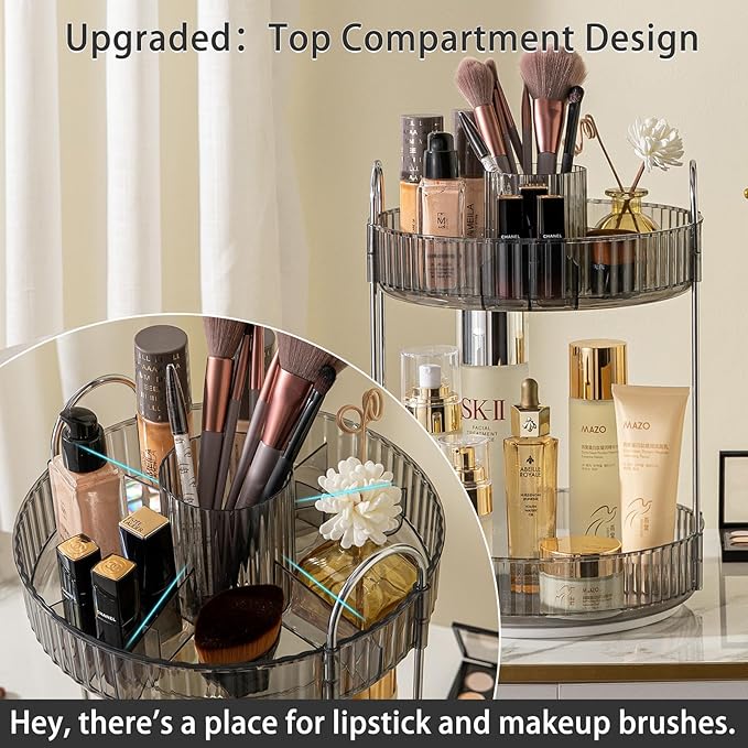 Shuang qing Rotating Makeup Organizer for Vanity, Gray, New-2 Tier