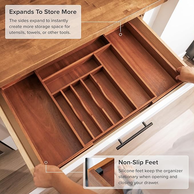 KitchenEdge Premium Silverware, Flatware and Utensil Organizer for Kitchen Drawers, Food-Safe Contract Grade, Expandable from 16 to 28 In, Natural Acacia