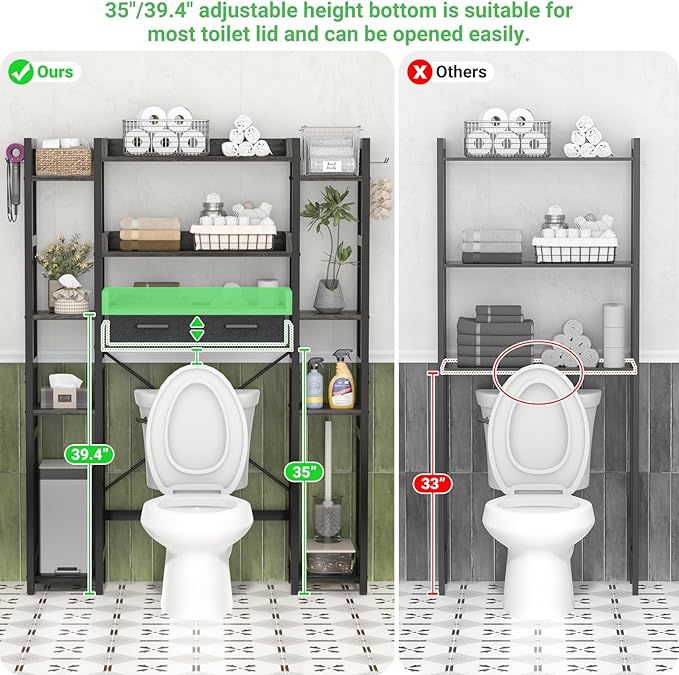 Besiost Over The Toilet Storage with 2 Drawers - 11 Tier Bathroom Organizer Freestanding Space Saver Storage Rack with Adjustable Shelf Above Toilet Stand with 4 Hooks for Restroom, Laundry, Grey Oak