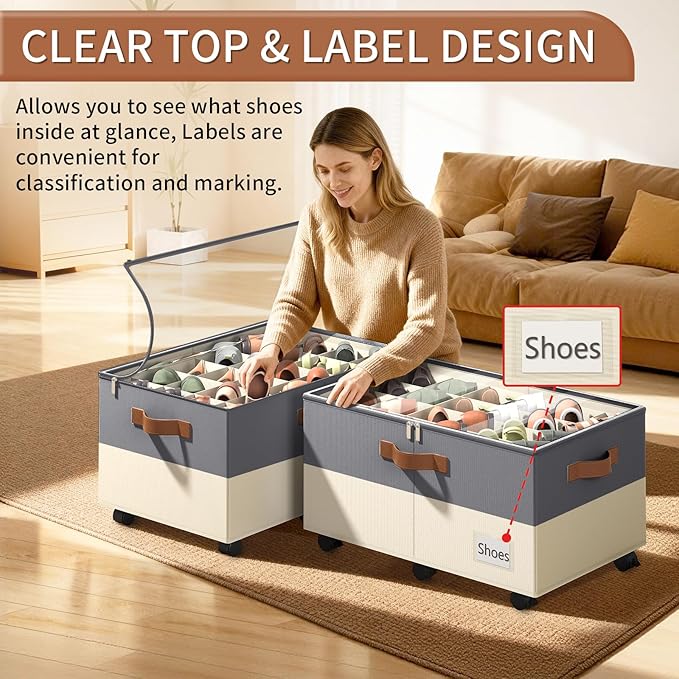 Foyego Shoe Organizer for Closet, Shoe Storage Organizer with Wheels and Adjustable Dividers, Stackable Shoe Storage Box with Clear Cover, Closet Shoe Organizer Fits up to 24-48 Pairs, Gray and Beige