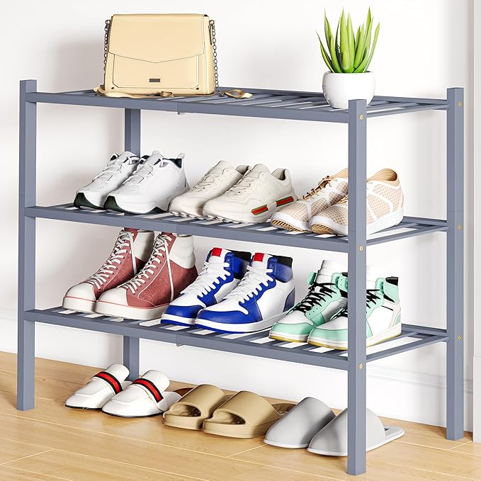 Smiry Bamboo Shoe Rack, 3 Tier Free Standing Wooden Shoe Organizer, Stackable Wood Shoe Storage Shelf for Closet, Entryway, 12 Vertical Slats, 2+1 Stack Standard Legs, 26.8"x11"x19.5", Grey