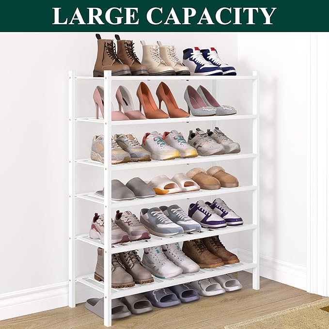 Smiry Bamboo Shoe Rack for Closet, 6 Tier Wooden Shoe Organizer, Stackable Wood Shoe Storage Shelf for Entryway, 14 Vertical Slats, 3+3 Stack Heavy-Duty Legs, 26.77"x11.02"x36.61", White
