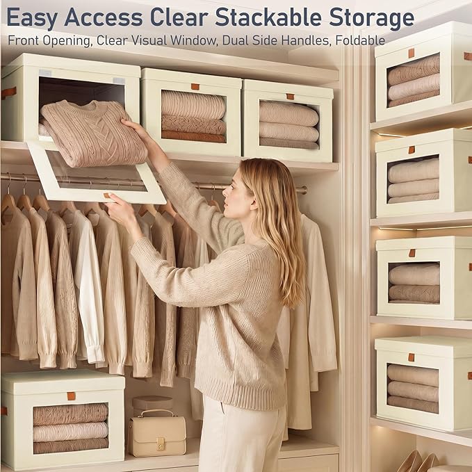 DIMJ Storage Bins with Lids - 5 Pack Front Opening Stackable Fabric Storage Boxes with Clear Window & Handles, Collapsible Closet Organizers for Clothes, Sweaters, Shelf Storage, Bedroom, Beige