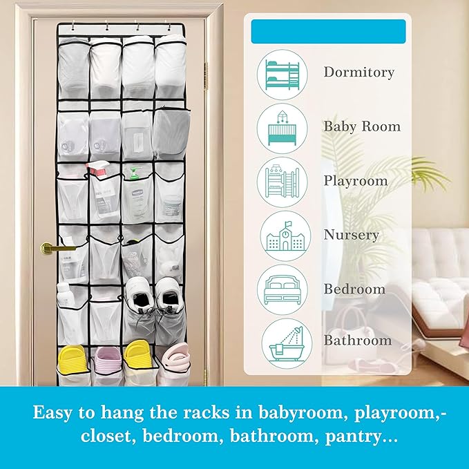 Over The Door Shoe Organizers with 24 Mesh Pockets Shoe Organizer Storage, White