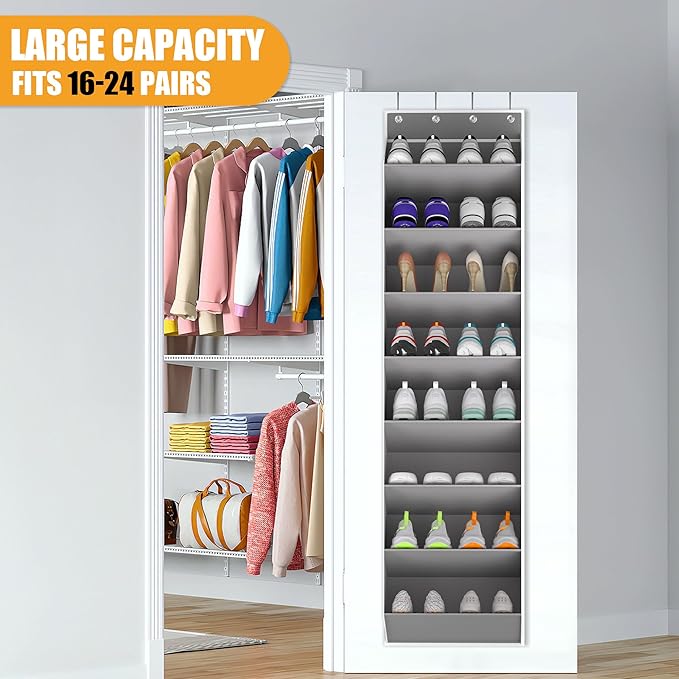 KYEVIS Over The Door Shoe Organizer Storage Fit 16-24 Pairs Hanging Shoe Rack Organiser for Closet Door, Deep Pocket Shoe Holder for Sneakers,Boots Storage(2 Pack Gray)