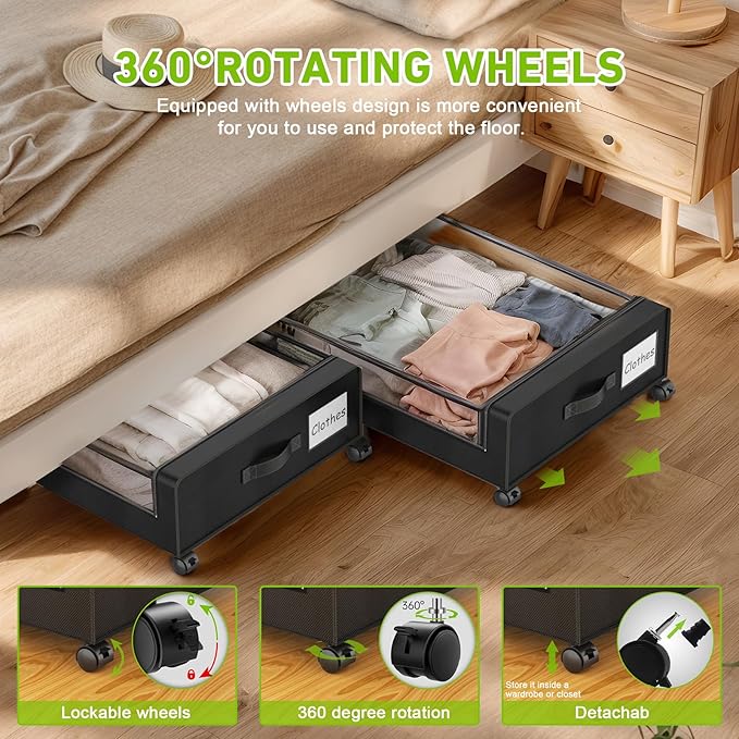 YAASHEEN Under Bed Storage with Wheels, 4-Pack Under the Bed Storage Containers with Clear Lids & Label, Underbed Storage Bins, XXL 60L Rolling Metal Drawer for Clothes, Shoes, Toys, Books - Black