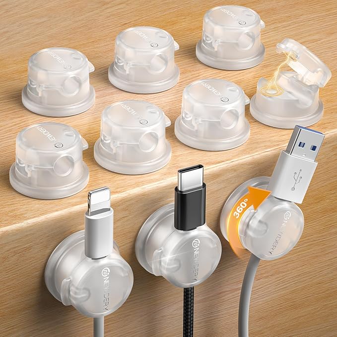 NEWDERY Magnetic Cord Organizer | 10 Pack Cable Clips with 360° Swivel & 1s Lock | Charging Cord Holder for Desk, Nightstand | Perfect Cable Management for Home Office & Gaming Setup- Clear