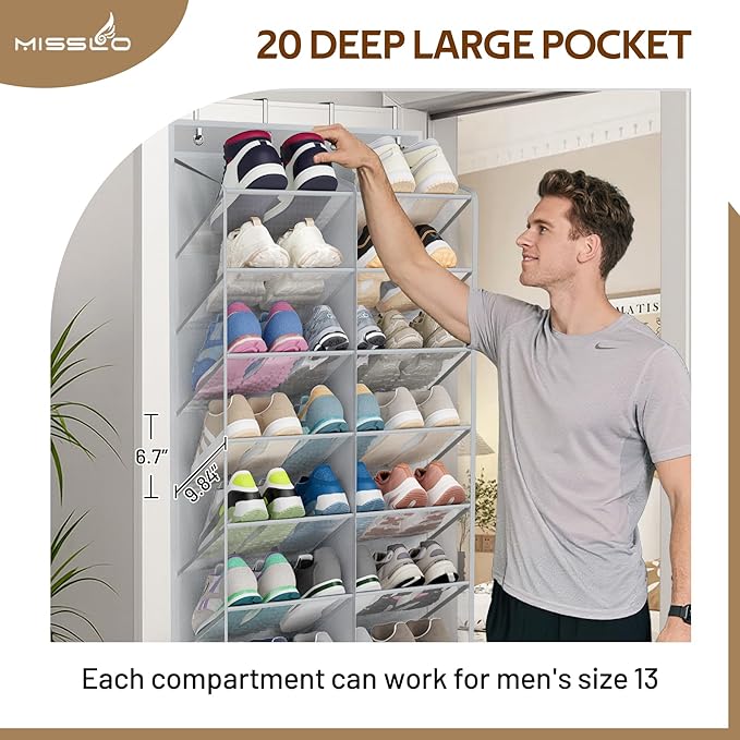 MISSLO 30 Pairs Over the Door Shoe Organizer Breathable Mesh Hanging Shoe Rack for Closet Storage with Wide Deep Pockets 10 Tier Shoes Holder Fit All the Family's Sneakers, Boots, Heels (Grey, 71")