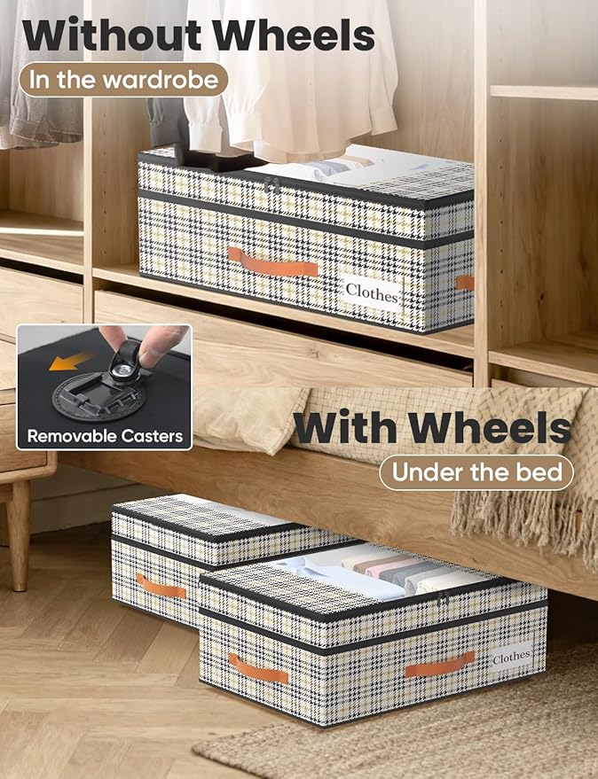 TOSKING 2-Pack Under Bed Storage Drawers with Wheels, 6 Vacuum Bags, Adjustable Height 7.9-10.2", 63L/80 lbs Clear Lid Rolling Bin, 900D Oxford, Space Saver for Dorm Bedroom Clothes Shoes, Houndstooth