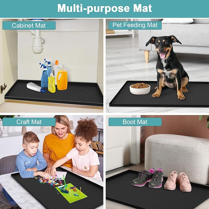 Undersink Waterproof Mat 31" x 19", Silicone Under Kitchen Sink Mat with Raised Edges, Under The Sink Organizer for Kitchen and Bathroom Leak Protection Black