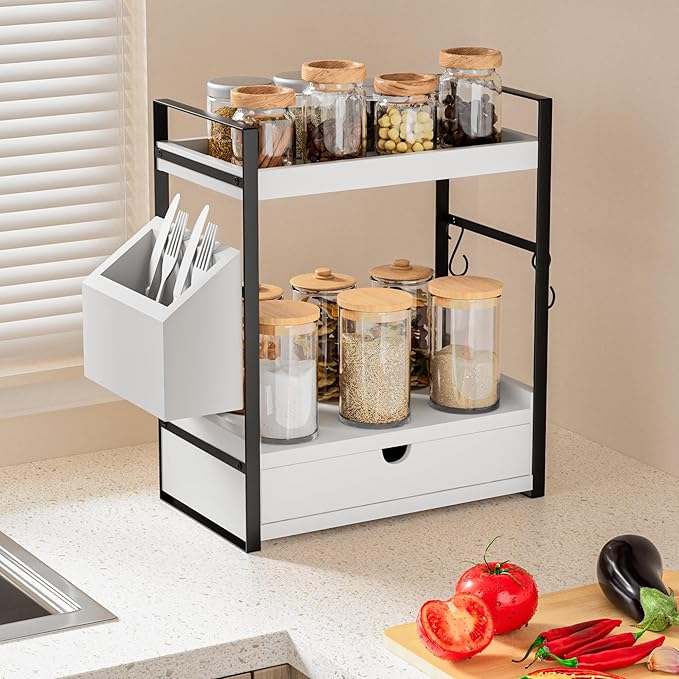 Kottwca 2-Tier Bathroom Counter Organizer with Drawer, Basket & Hooks, Wooden Vanity Shelf for Skincare, Perfume & Makeup Storage(White)