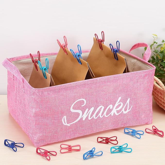 Newtay 17 Pcs Snack Basket Sets, Snack Storage Bin for Pantry Shelves with 16 Pcs 2 Inch Chip Clips, Basket Organizer for Kitchen Home, Chips, Popcorn, Candy, Pretzels (Pink,Burlap)