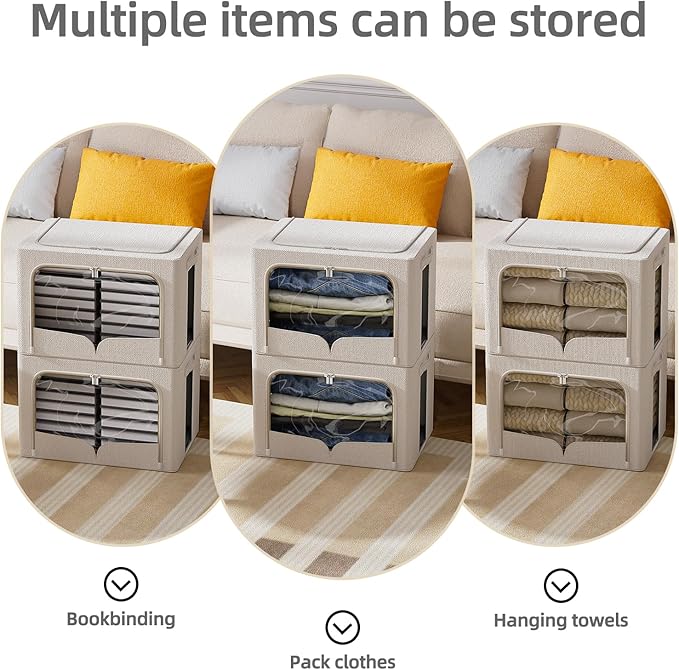 FHSQX 3 Pack Clothes Storage Bins - Foldable Metal Frame Storage Box - Stackable Linen Fabric Container Organizer Set with Carrying Handles and Clear Window (Cream White, 16.5x12.2x12.2inch(40L))