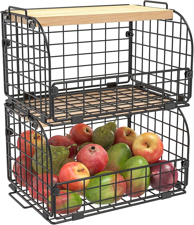 2 Set Stackable Wire Basket with Openable Top, Kitchen Counter