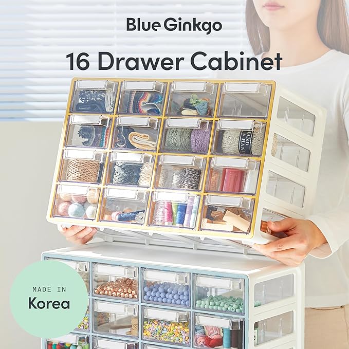 Blue Ginkgo Medium 16-Drawer Cabinet, Made in Korea, Blue