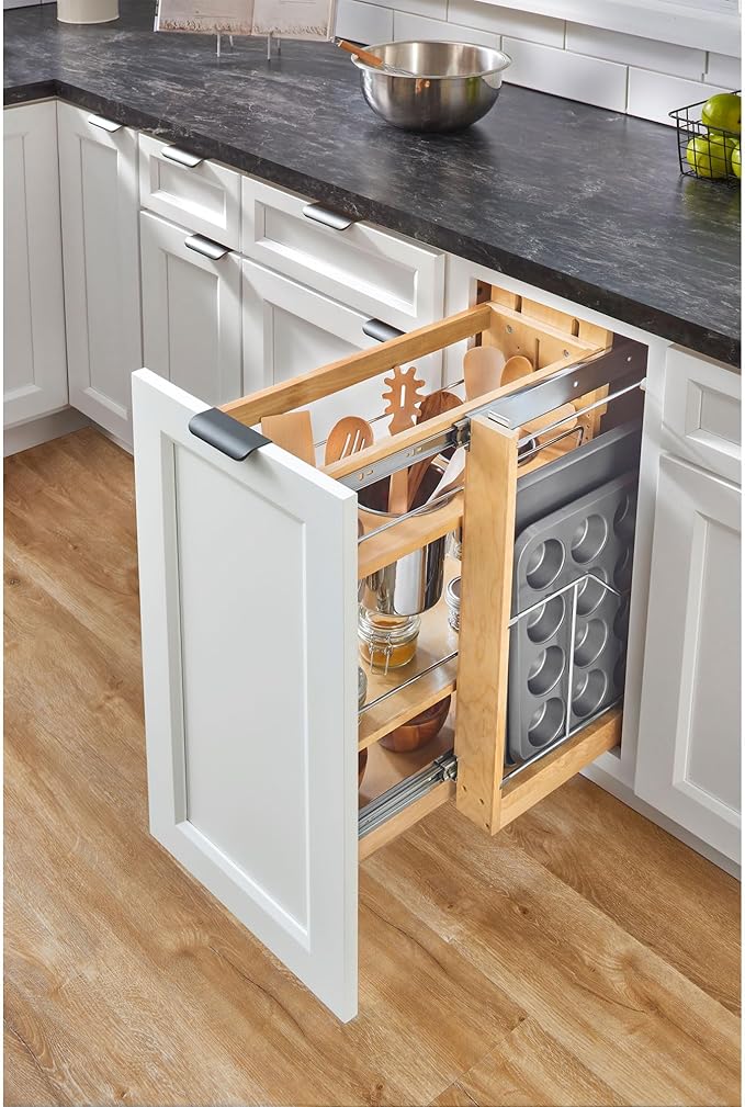 Rev-A-Shelf 8 in. Pull Out Storage Organizer for Base Kitchen Cabinets w/Soft-Close, Sliding Shelves for Utilities, Utensils or Spices, Maple, 448UT-BCSC-8C