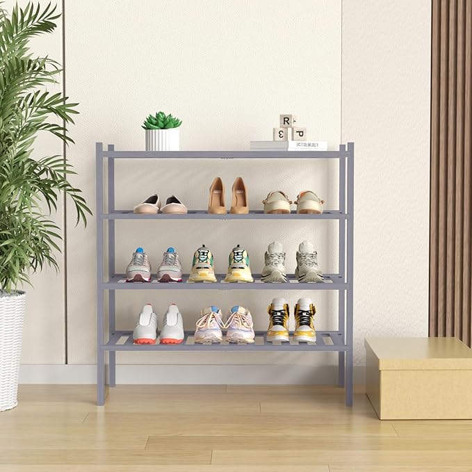 CRAFT 4 Tier Bamboo Shoe Rack for Closet Free Standing Wood Shoe Shelf, Grey