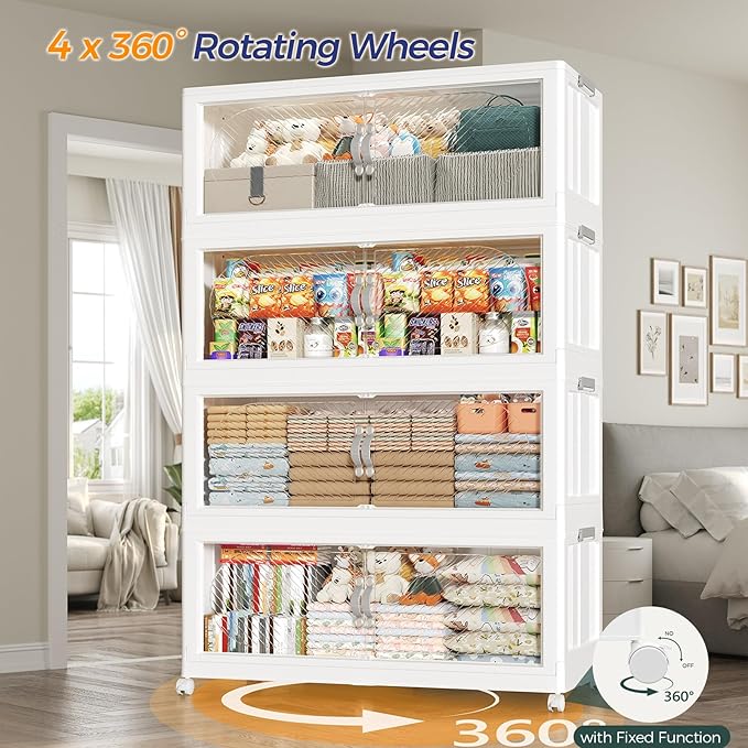 120Gal/480QT 4-Tiers Extra Large Stackable Storage Bins with Lid, Collapsible Cabinet Closet Organizer Plastic Container Box with Wheels Doors Drawers for Office Dorm Kitchen, White