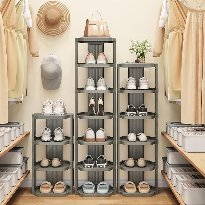Kitstorack 5-Tier Vertical Plastic Shoe Rack, Freestanding Stackable Shoe Storage Organizer Cubes Shoe Shelf Tower or Small Closets and Tight Spaces, Gray