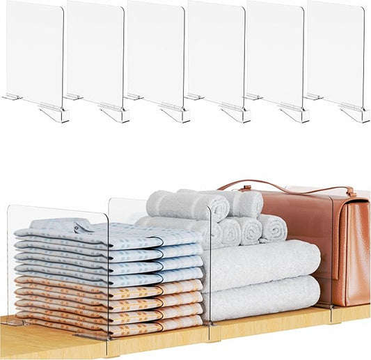 Yieach Adjustable Height Clear Shelf Dividers,6 Pack Acrylic Closet Shelf Dividers for Organization,11.1 Inch Tall Vertical Plastic Shelf Separators for Towel,Sweater,Towel Organizers and Bookshelf